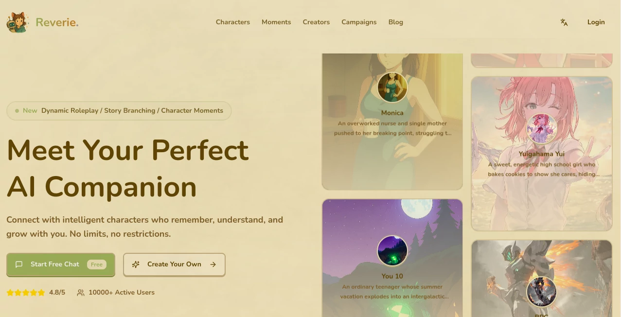 Screenshot of Reverie – An AI tool in the ,AI Creative Writing ,AI Chatbot ,AI Character ,AI Fun Tools  category, showcasing its interface and key features.