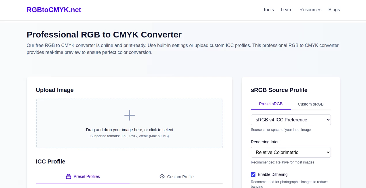 Screenshot of RGB to CMYK Converter – An AI tool in the ,Photo & Image Editor ,AI Photo Enhancer ,AI Colorize ,AI Design Generator  category, showcasing its interface and key features.
