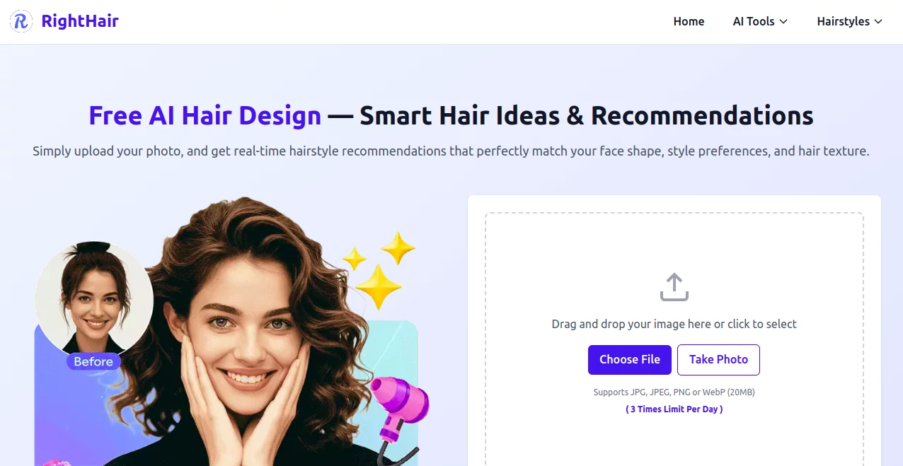 Screenshot of RightHair - AI Hair Design – An AI tool in the ,AI Photo & Image Generator ,AI Photo Enhancer ,AI Selfie & Portrait ,AI Design Generator  category, showcasing its interface and key features.