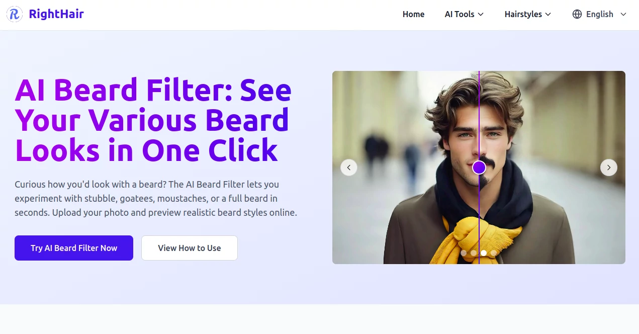 Screenshot of RightHair - AI Beard Filter – An AI tool in the ,Photo & Image Editor ,AI Photo Enhancer ,AI Selfie & Portrait ,AI Image to Image  category, showcasing its interface and key features.