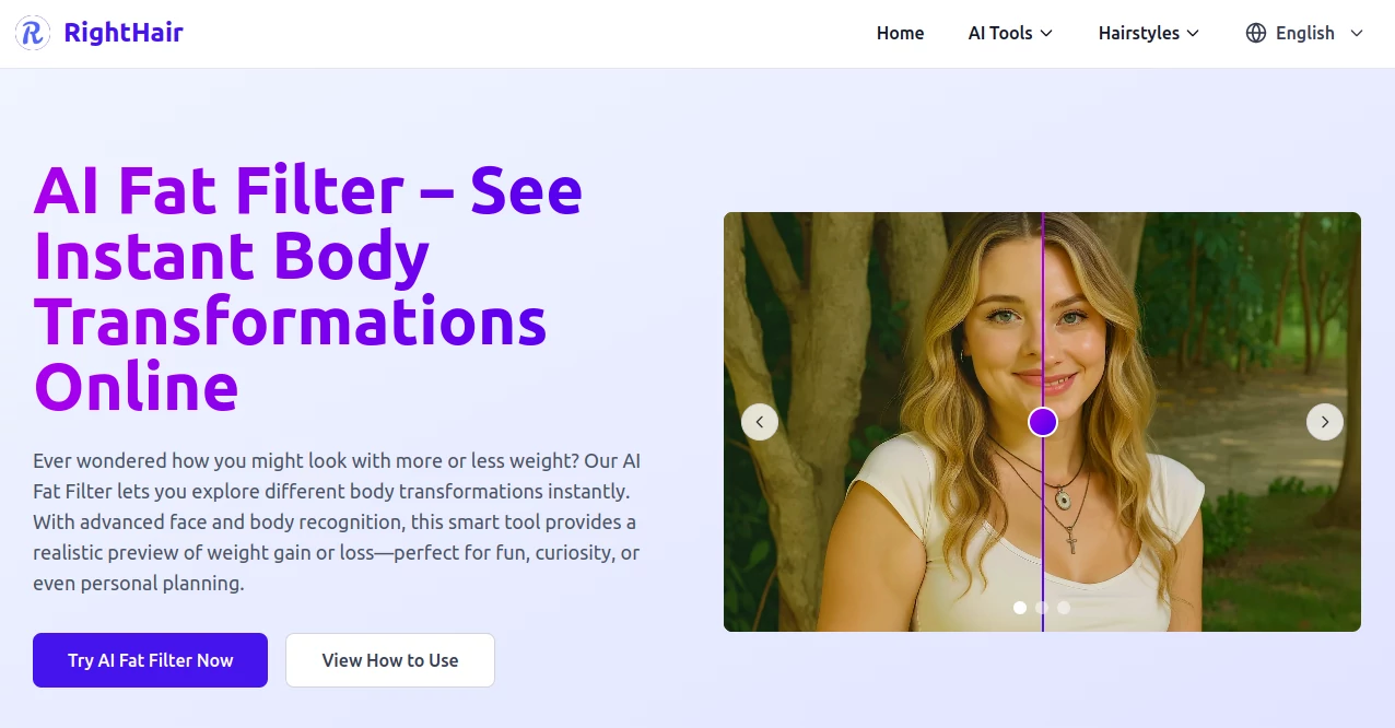 Screenshot of RightHair - AI Fat Filter – An AI tool in the ,Photo & Image Editor ,AI Photo Enhancer ,AI Image to Image ,AI Fun Tools  category, showcasing its interface and key features.