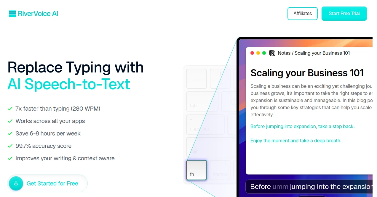Screenshot of Rivervoice AI – An AI tool in the ,AI Speech to Text ,AI Voice & Audio Editing ,AI Speech Recognition ,AI Voice Assistants  category, showcasing its interface and key features.
