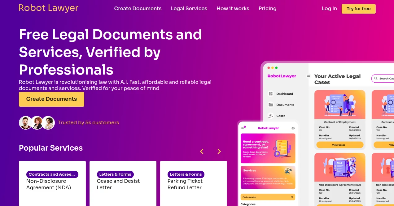 Screenshot of Robot Lawyer – An AI tool in the ,AI Legal Assistant ,AI Forms & Surveys ,AI Contract Management ,AI Document Extraction  category, showcasing its interface and key features.