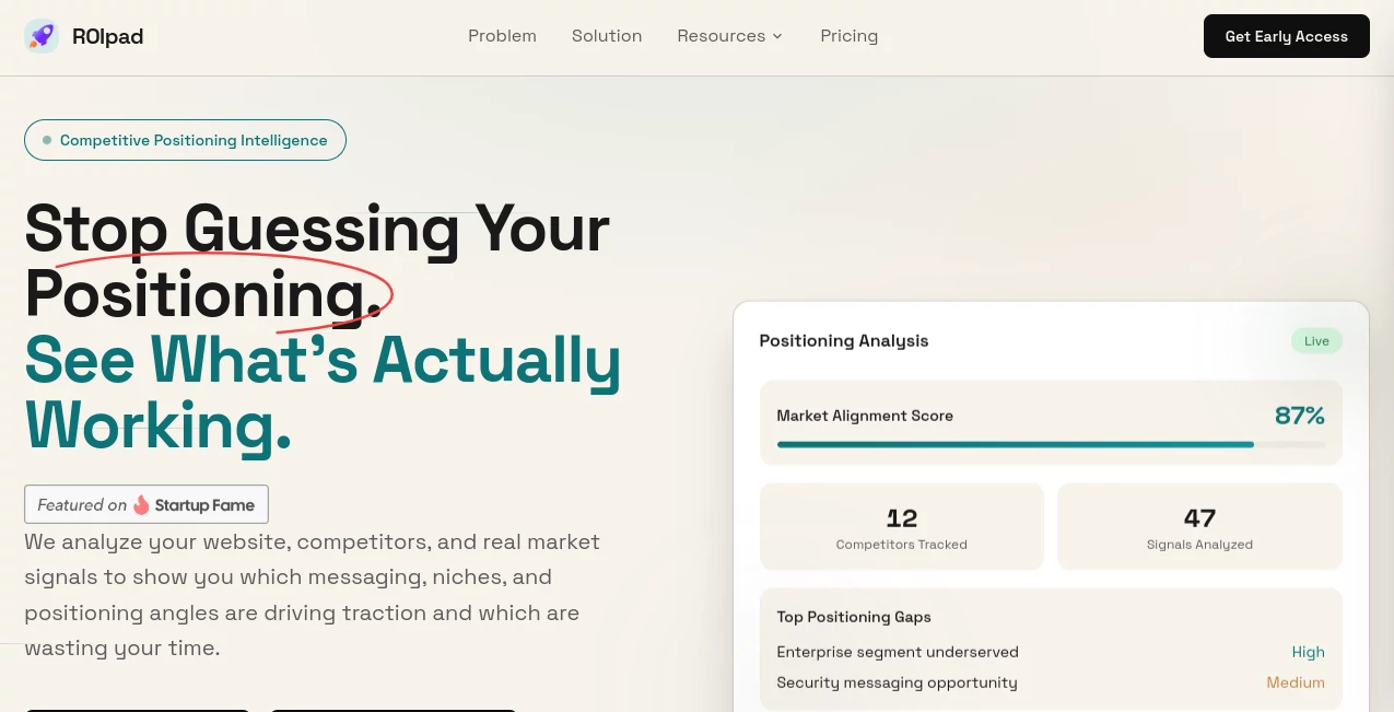 Screenshot of Roipad – An AI tool in the ,AI Research Tool ,AI Analytics Assistant ,AI SEO Assistant ,AI Digital Marketing Generator  category, showcasing its interface and key features.
