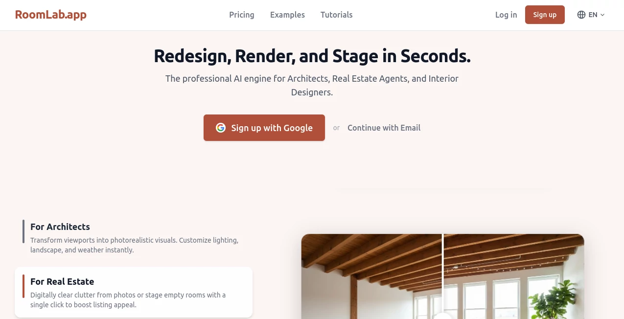 Screenshot of RoomLab.app – An AI tool in the ,Photo & Image Editor ,AI Photo Enhancer ,AI Design Generator ,AI Interior & Room Design  category, showcasing its interface and key features.