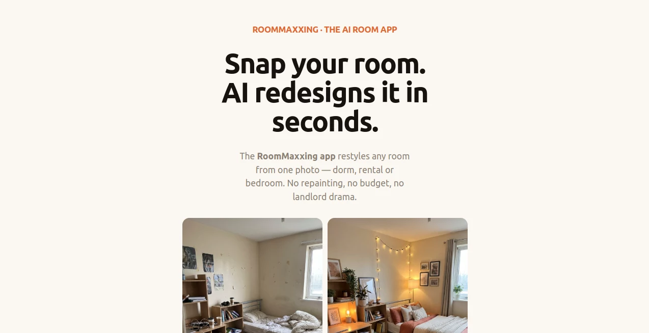 Screenshot of RoomMaxxing – An AI tool in the ,AI Design Assistant ,AI Design Generator ,AI Interior & Room Design  category, showcasing its interface and key features.