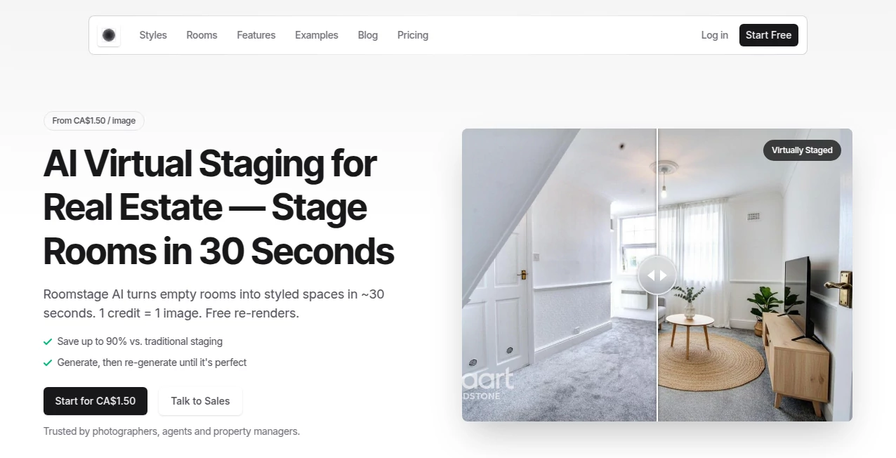 Screenshot of Roomstage AI – An AI tool in the ,AI Image to Image ,AI Design Generator ,AI Interior & Room Design ,AI Design Assistant  category, showcasing its interface and key features.