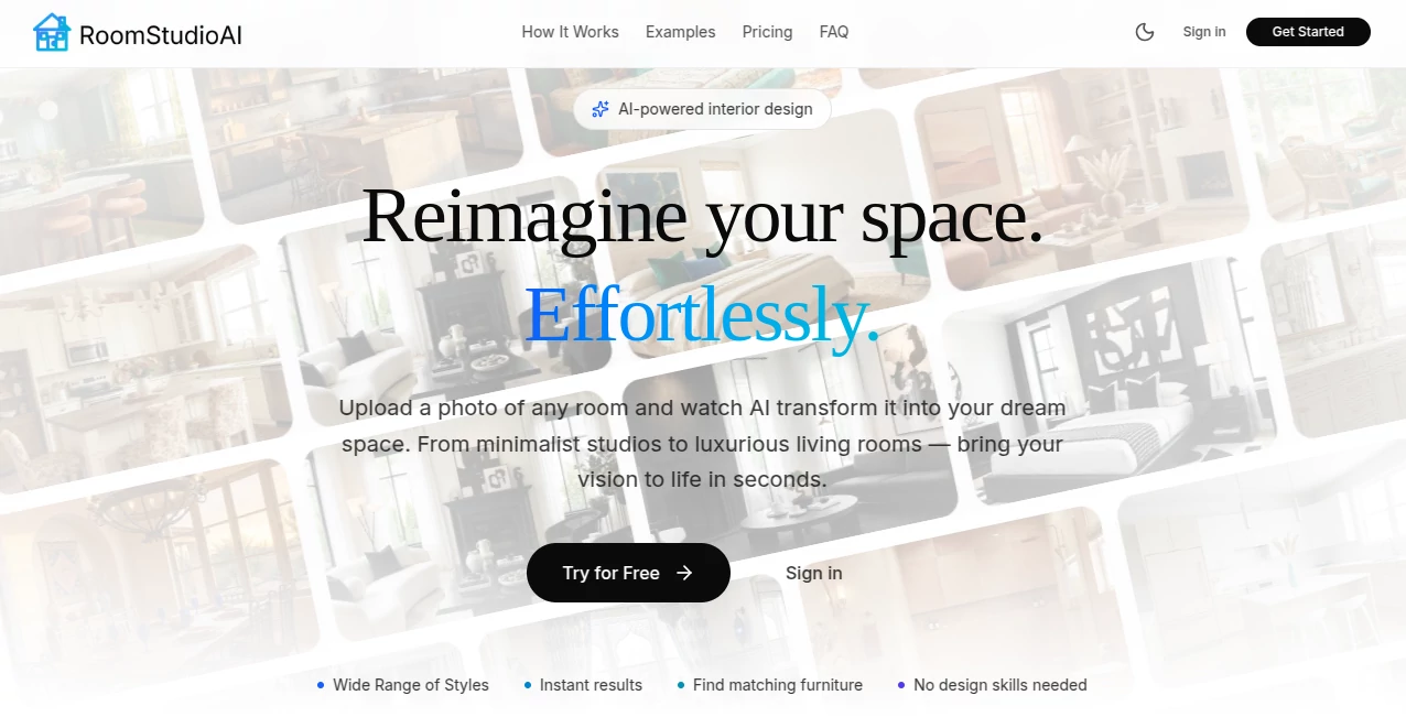 Screenshot of RoomStudioAI – An AI tool in the ,AI Art Generator ,AI Design Generator ,AI Interior & Room Design  category, showcasing its interface and key features.
