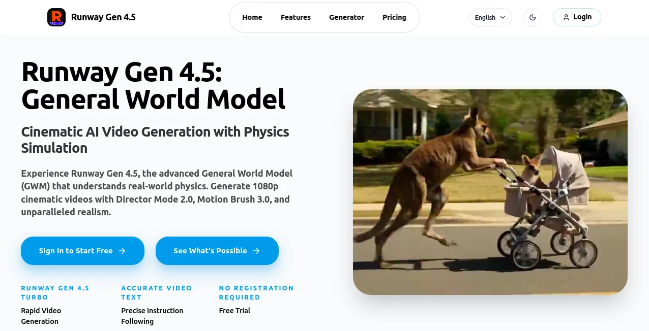 Screenshot of Runway Gen 4.5 – An AI tool in the ,AI Animated Video ,AI Image to Video ,AI Text to Video ,AI Video Generator  category, showcasing its interface and key features.