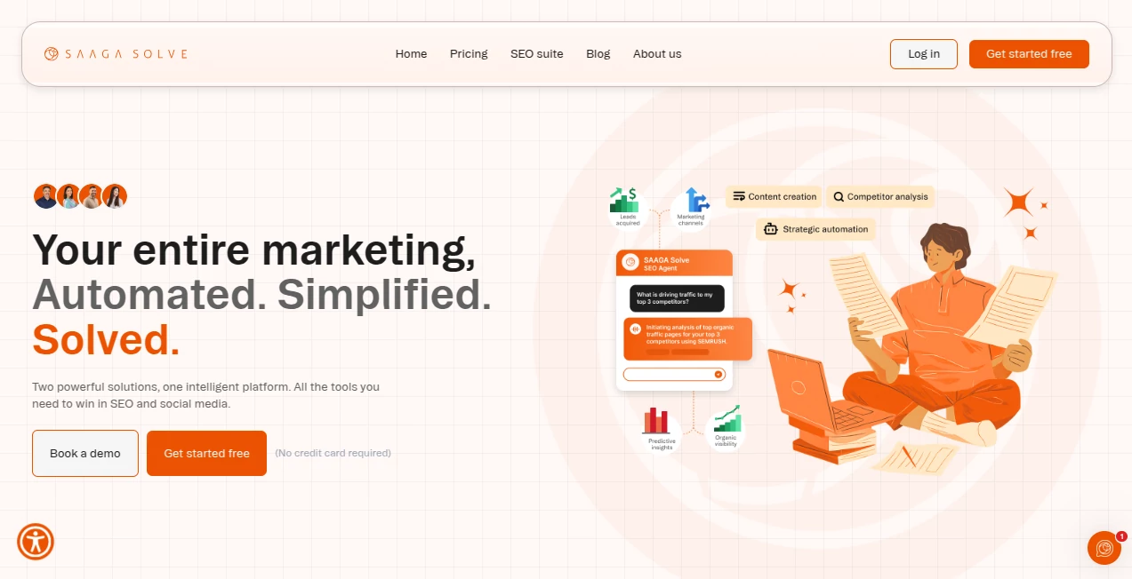 Screenshot of Saaga Solve – An AI tool in the ,AI SEO Assistant ,AI Social Media Assistant ,AI Marketing Plan Generator ,AI Workflow Management  category, showcasing its interface and key features.