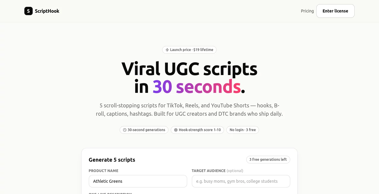 Screenshot of ScriptHook – An AI tool in the ,AI Content Generator ,AI Social Media Assistant ,AI Ad Creative Assistant ,AI Digital Marketing Generator  category, showcasing its interface and key features.