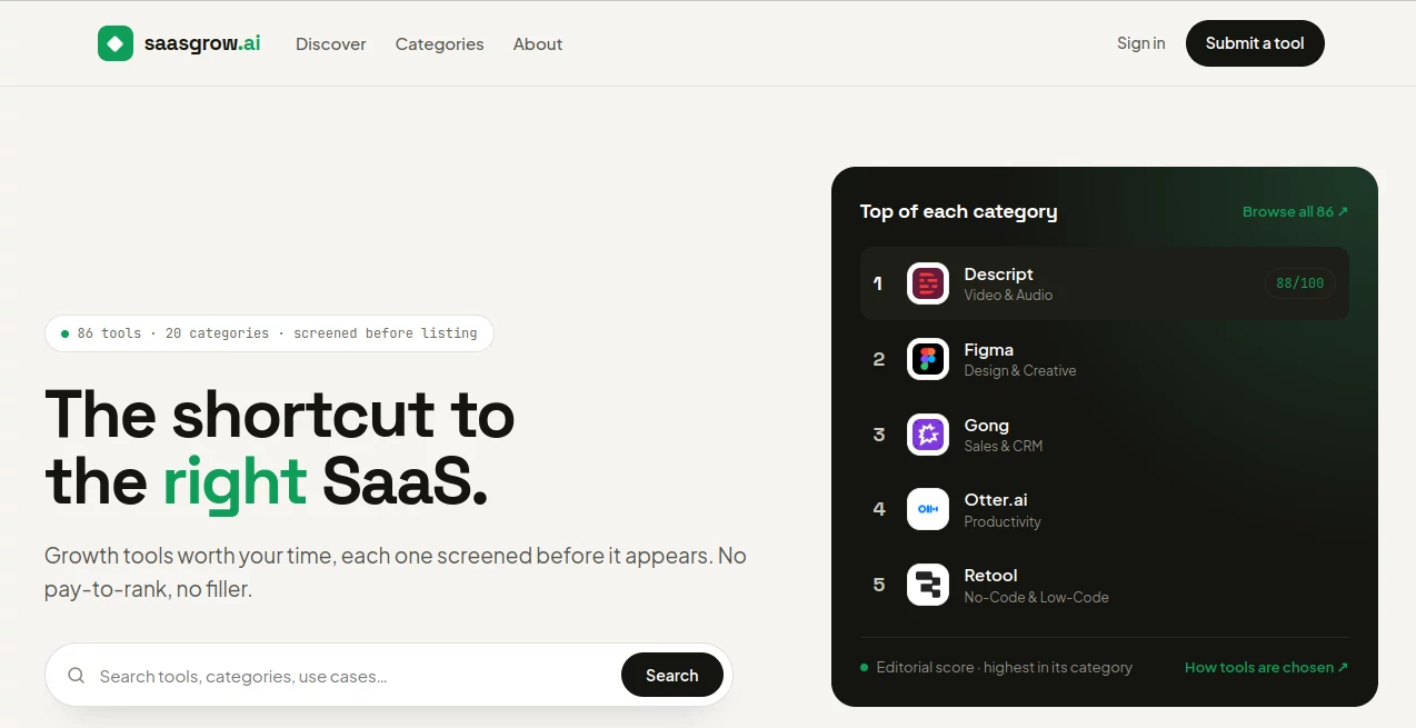 Screenshot of saasgrow.ai – An AI tool in the ,AI Tools Directory  category, showcasing its interface and key features.