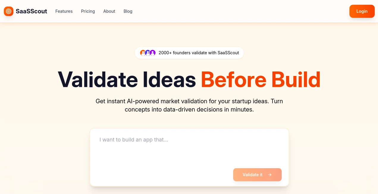 Screenshot of SaaSScout – An AI tool in the ,AI Research Tool ,AI Business Ideas Generator ,AI Consulting Assistant ,AI Marketing Plan Generator  category, showcasing its interface and key features.