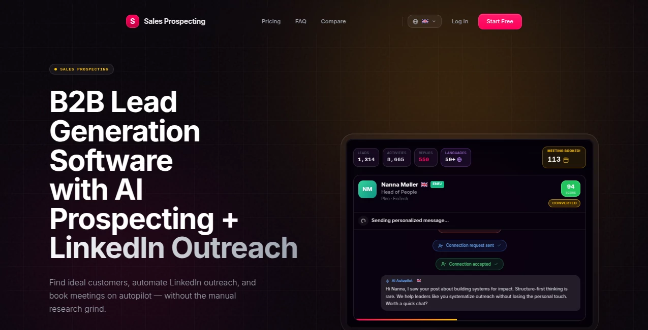 Screenshot of Sales Prospecting – An AI tool in the ,AI Sales Assistant ,AI CRM Assistant ,AI Lead Generation ,AI Productivity Tools  category, showcasing its interface and key features.