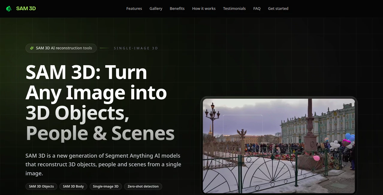 Screenshot of SAM 3D – An AI tool in the ,Photo & Image Editor ,AI Design Generator ,AI 3D Model Generator ,AI Image to 3D Model  category, showcasing its interface and key features.