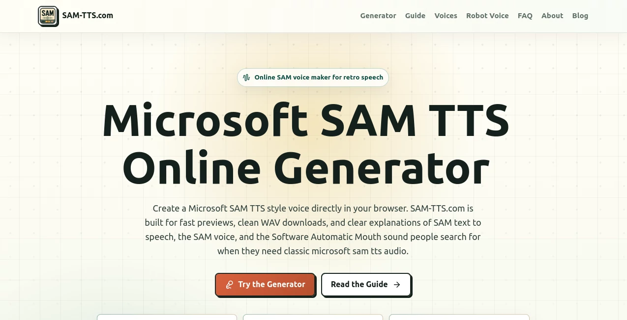 Screenshot of sam tts – An AI tool in the ,AI Text to Speech ,AI Voice & Audio Editing ,AI Voice Cloning ,AI Speech Synthesis  category, showcasing its interface and key features.