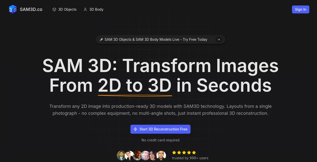 Screenshot of SAM3D.co – An AI tool in the ,Photo & Image Editor ,AI Design Generator ,AI 3D Model Generator ,AI Image to 3D Model  category, showcasing its interface and key features.
