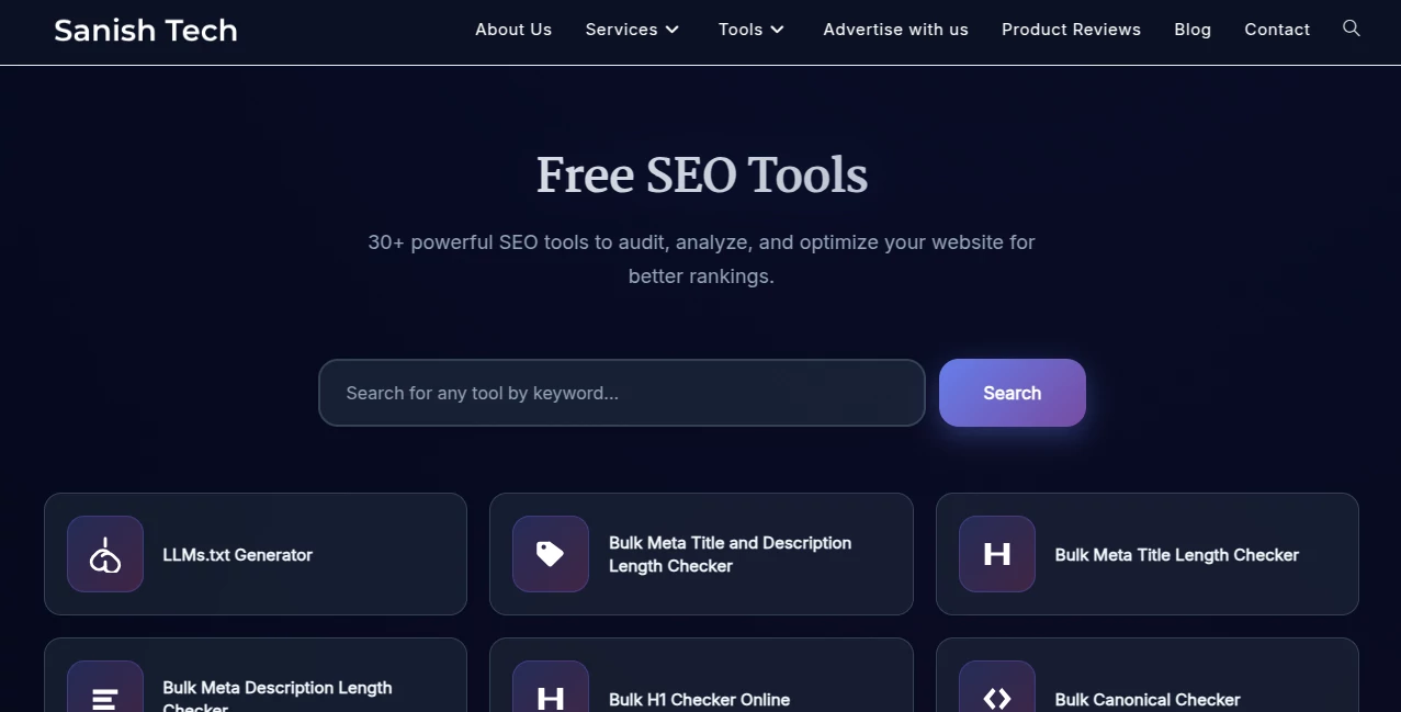 Screenshot of SEO Tools Hub by SanishTech – An AI tool in the ,AI SEO Assistant ,AI Marketing Plan Generator ,AI Research Tool  category, showcasing its interface and key features.