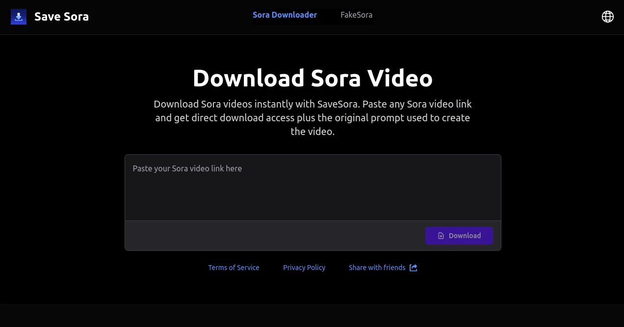 Screenshot of Save Sora – An AI tool in the ,AI Video Editor ,AI Video Generator ,AI Video Enhancer  category, showcasing its interface and key features.