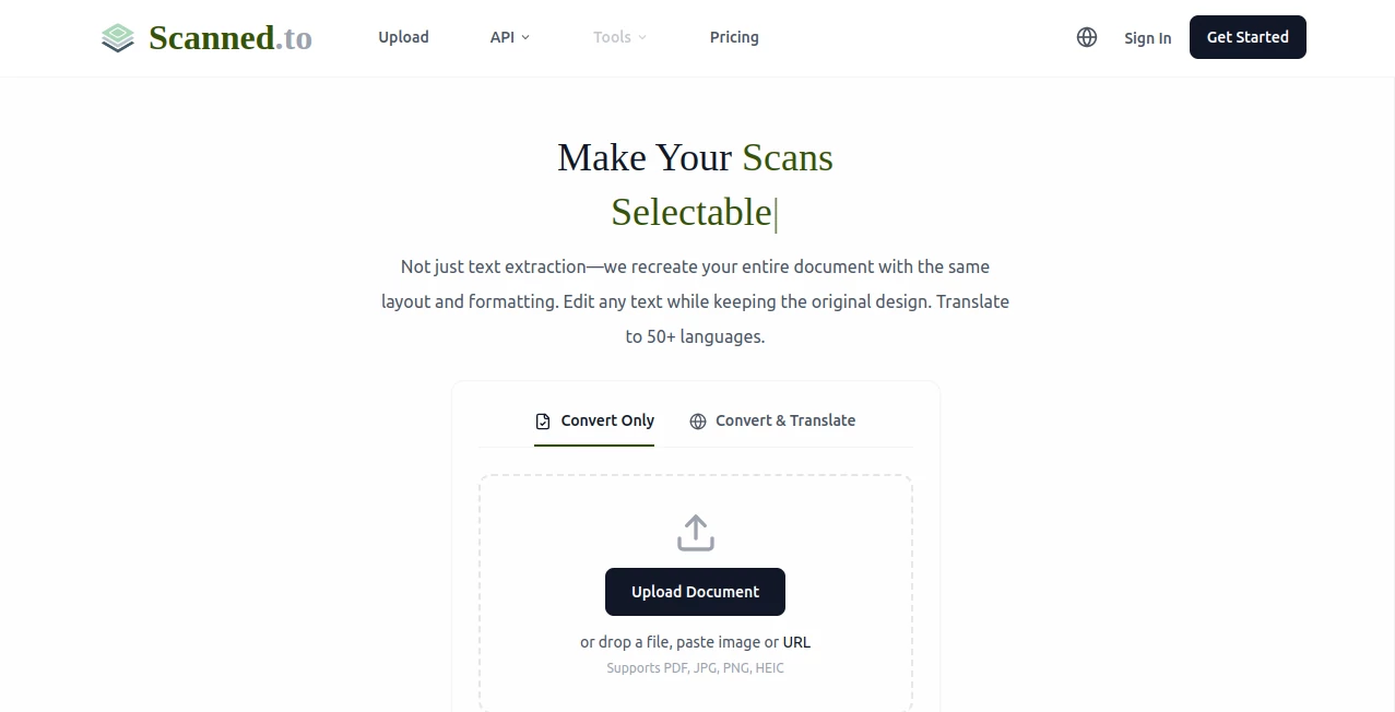 Screenshot of Scanned.to – An AI tool in the ,AI Transcriber ,AI PDF ,AI Document Extraction ,AI Documents Assistant  category, showcasing its interface and key features.