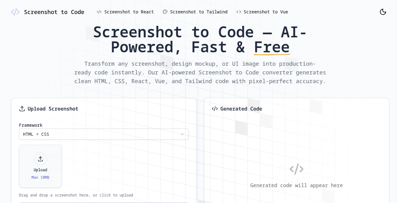 Screenshot of Screenshot to Code – An AI tool in the ,AI Landing Page Builder ,AI No-Code & Low-Code ,AI Code Generator ,AI Developer Tools  category, showcasing its interface and key features.