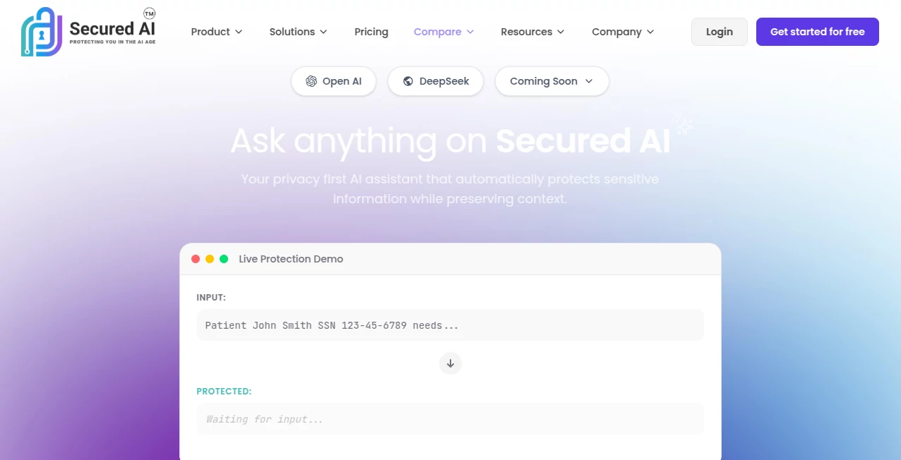 Screenshot of Secured AI – An AI tool in the ,AI Developer Tools  category, showcasing its interface and key features.