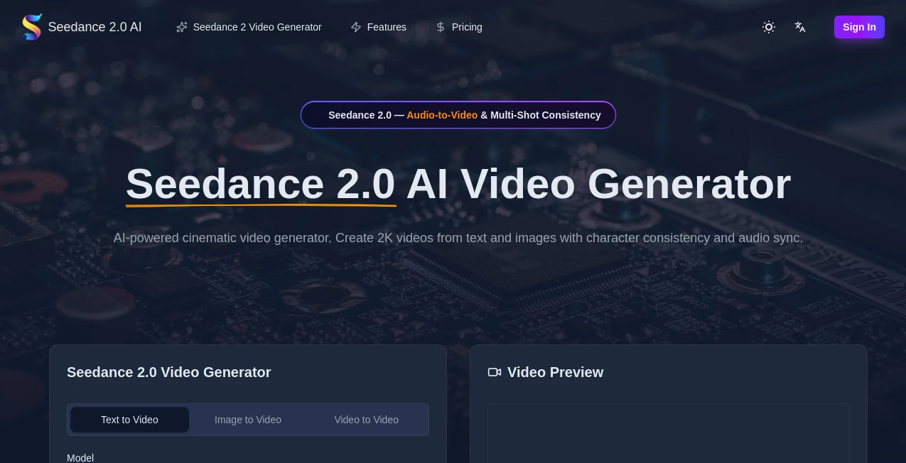 Screenshot of Seedance 2.0 AI – An AI tool in the ,AI Animated Video ,AI Image to Video ,AI Video Generator ,AI Text to Video  category, showcasing its interface and key features.
