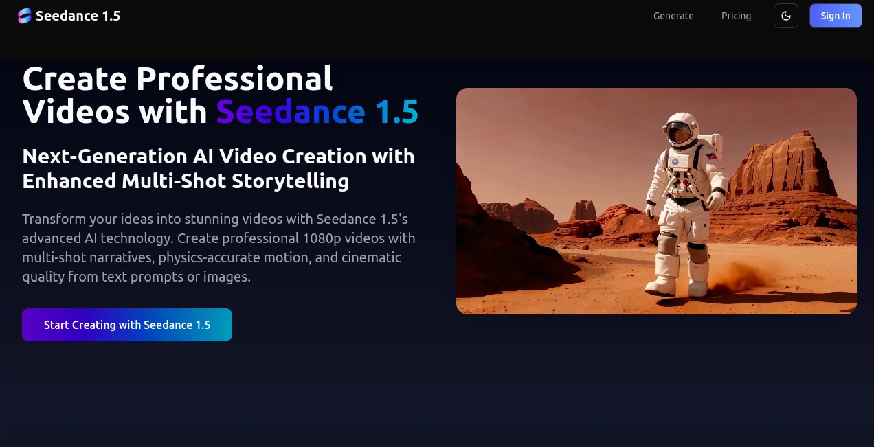 Screenshot of Seedance 1.5 – An AI tool in the ,AI Animated Video ,AI Image to Video ,AI Text to Video ,AI Video Generator  category, showcasing its interface and key features.