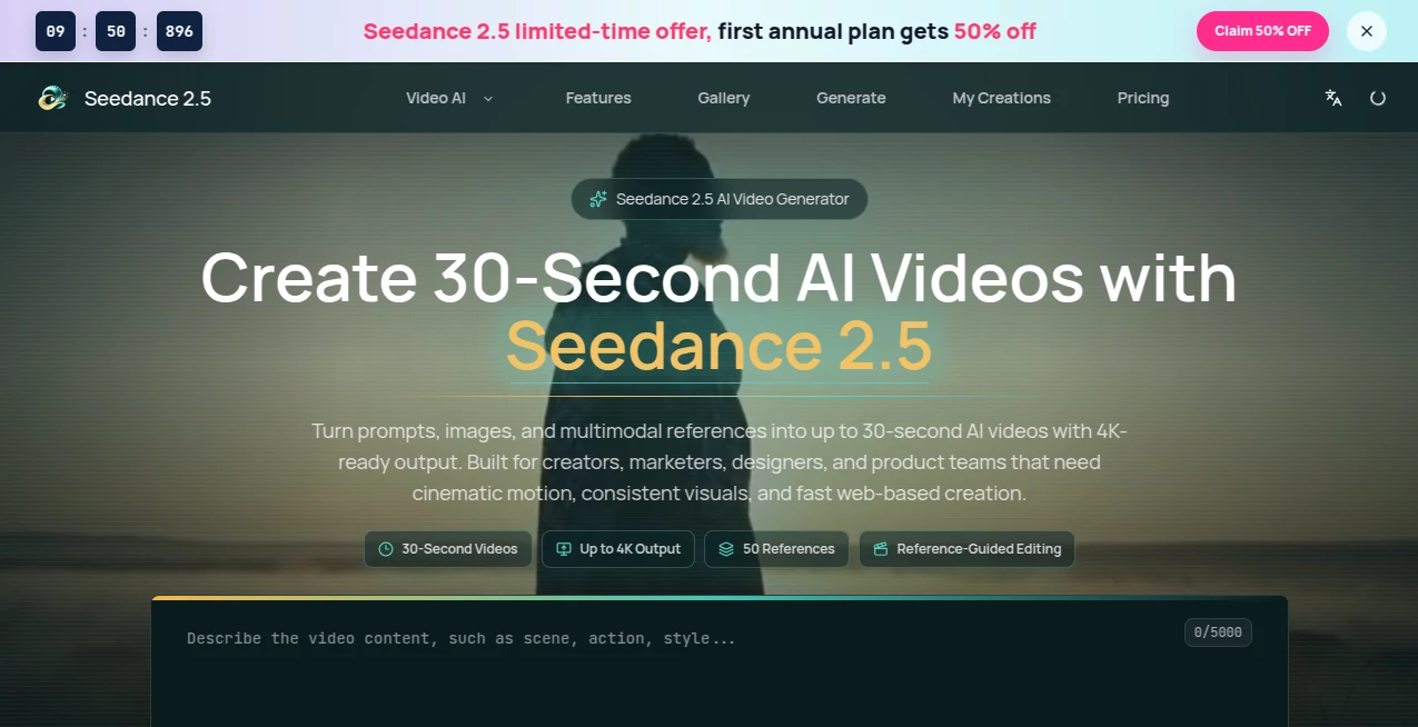 Screenshot of Seedance 2.5 AI – An AI tool in the ,AI Content Generator ,AI Text to Video ,AI Video Generator  category, showcasing its interface and key features.