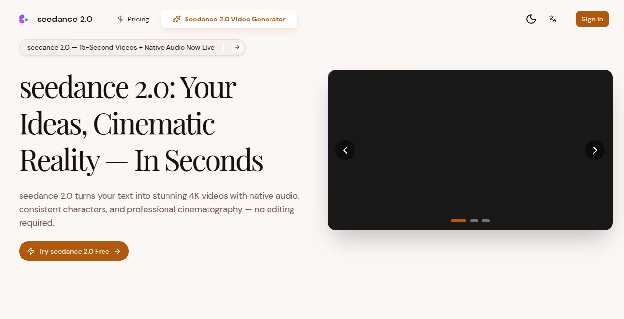 Screenshot of Seedance 2.0 Video – An AI tool in the ,AI Animated Video ,AI Image to Video ,AI Video Generator ,AI Text to Video  category, showcasing its interface and key features.