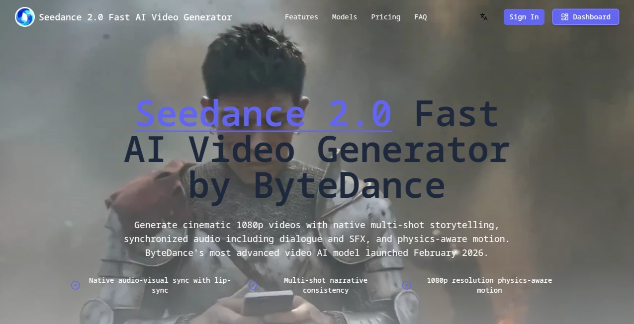 Screenshot of Seedance 2.0 Fast – An AI tool in the ,AI Animated Video ,AI Image to Video ,AI Text to Video ,AI Video Generator  category, showcasing its interface and key features.
