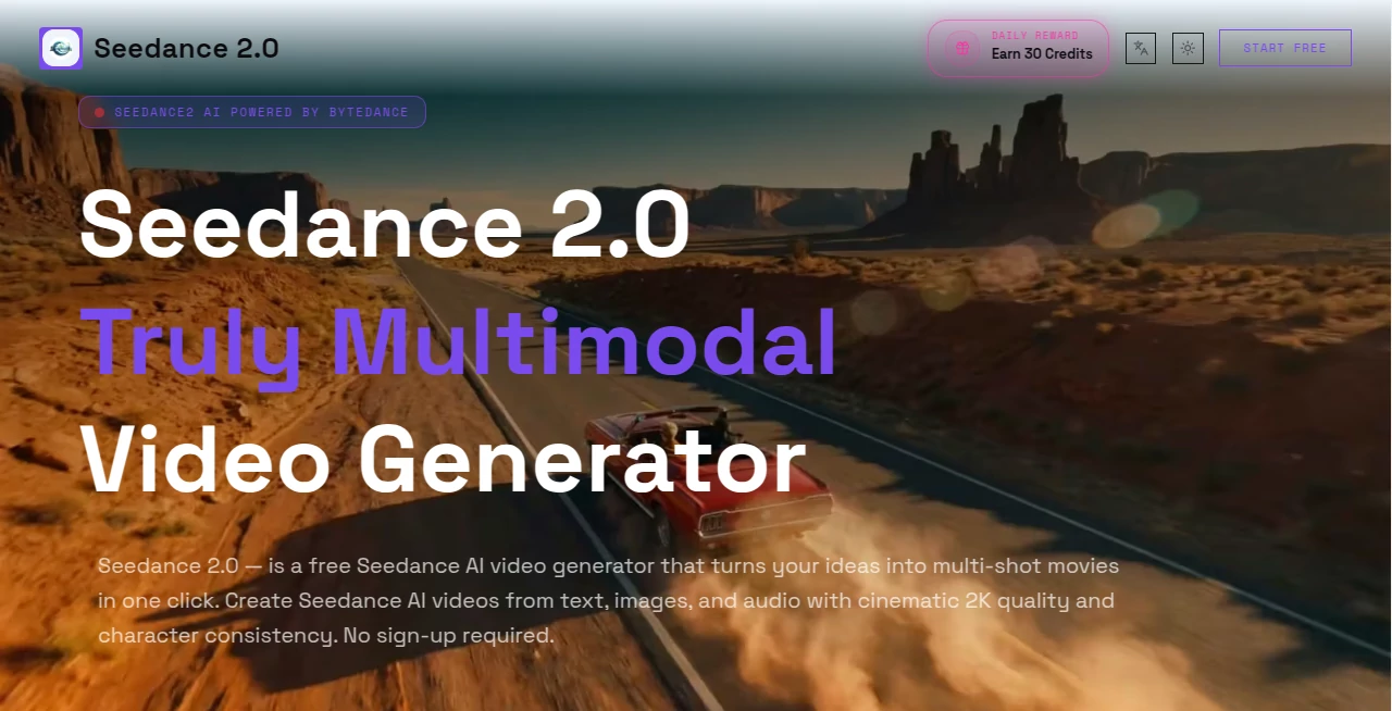 Screenshot of Seedance 2.0 – An AI tool in the ,AI Animated Video ,AI Image to Video ,AI Video Generator ,AI Text to Video  category, showcasing its interface and key features.