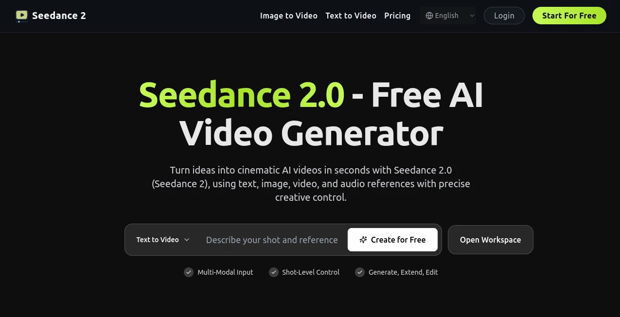 Screenshot of Seedance 2.0 – An AI tool in the ,AI Animated Video ,AI Image to Video ,AI Video Generator ,AI Text to Video  category, showcasing its interface and key features.