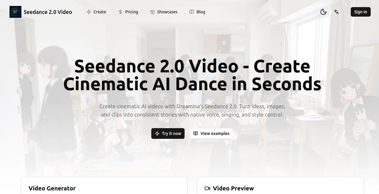 Screenshot of Seedance 2.0 Video – An AI tool in the ,AI Animated Video ,AI Image to Video ,AI Video Generator ,AI Text to Video  category, showcasing its interface and key features.