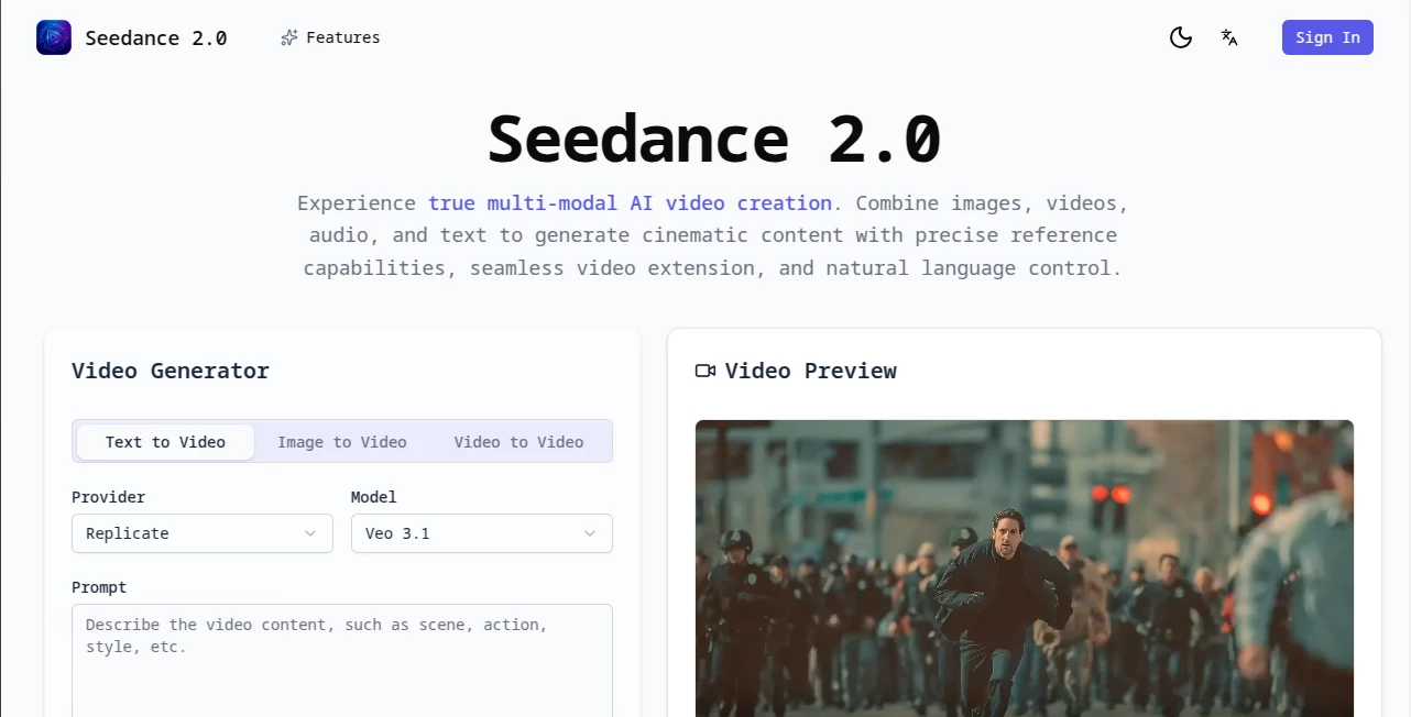 Screenshot of Seedance 2.0 – An AI tool in the ,AI Animated Video ,AI Image to Video ,AI Video Generator ,AI Text to Video  category, showcasing its interface and key features.
