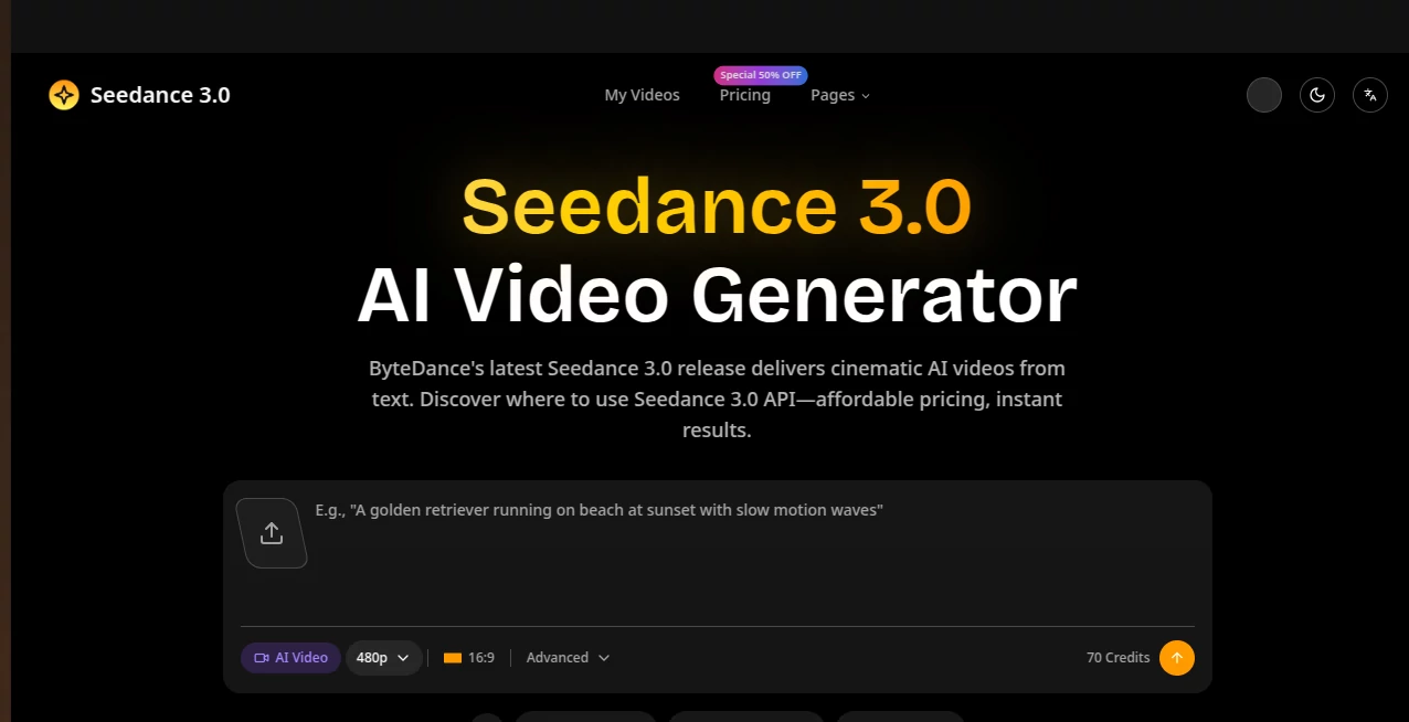 Screenshot of Seedance 3.0 – An AI tool in the ,AI Animated Video ,AI Image to Video ,AI Video Generator ,AI Text to Video  category, showcasing its interface and key features.