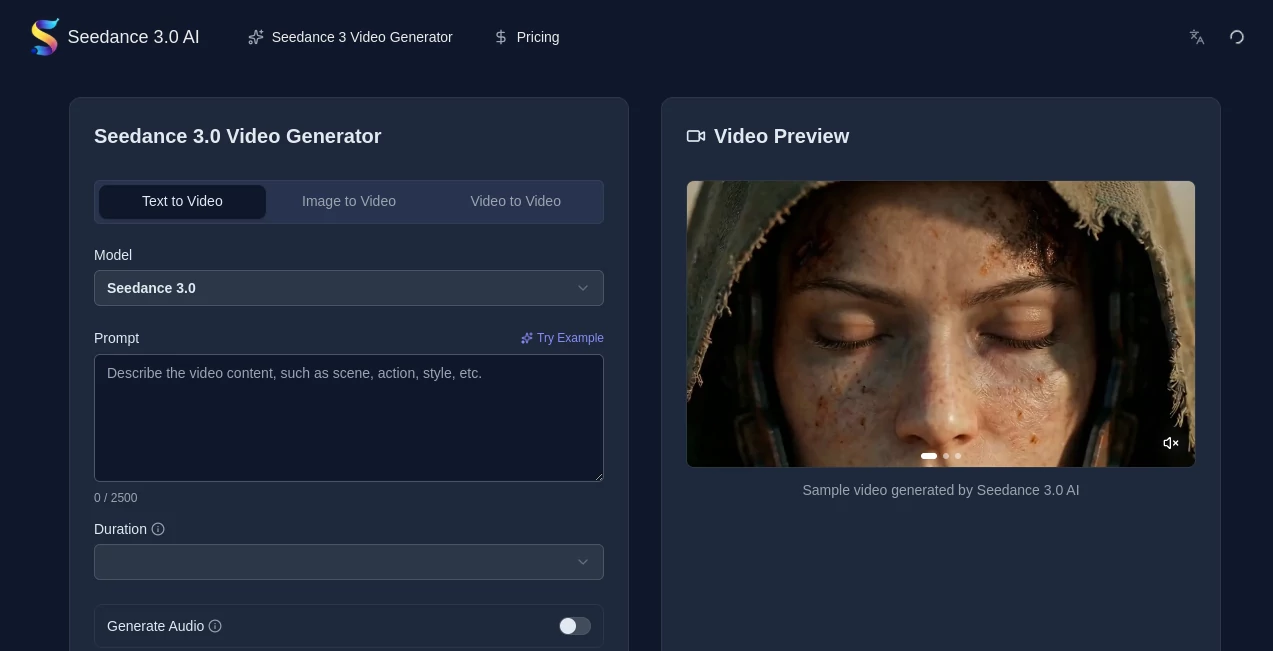 Screenshot of Seedance 3.0 AI – An AI tool in the ,AI Animated Video ,AI Image to Video ,AI Video Generator ,AI Text to Video  category, showcasing its interface and key features.