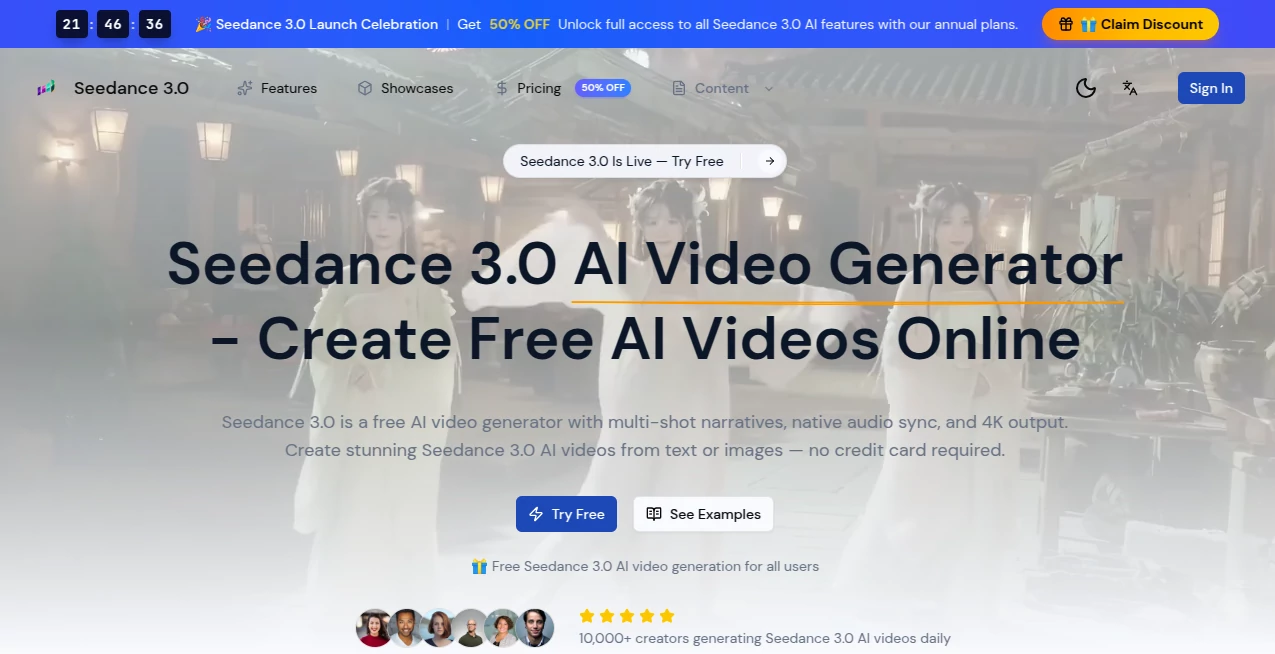 Screenshot of Seedance 3.0 – An AI tool in the ,AI Animated Video ,AI Image to Video ,AI Text to Video ,AI Video Generator  category, showcasing its interface and key features.