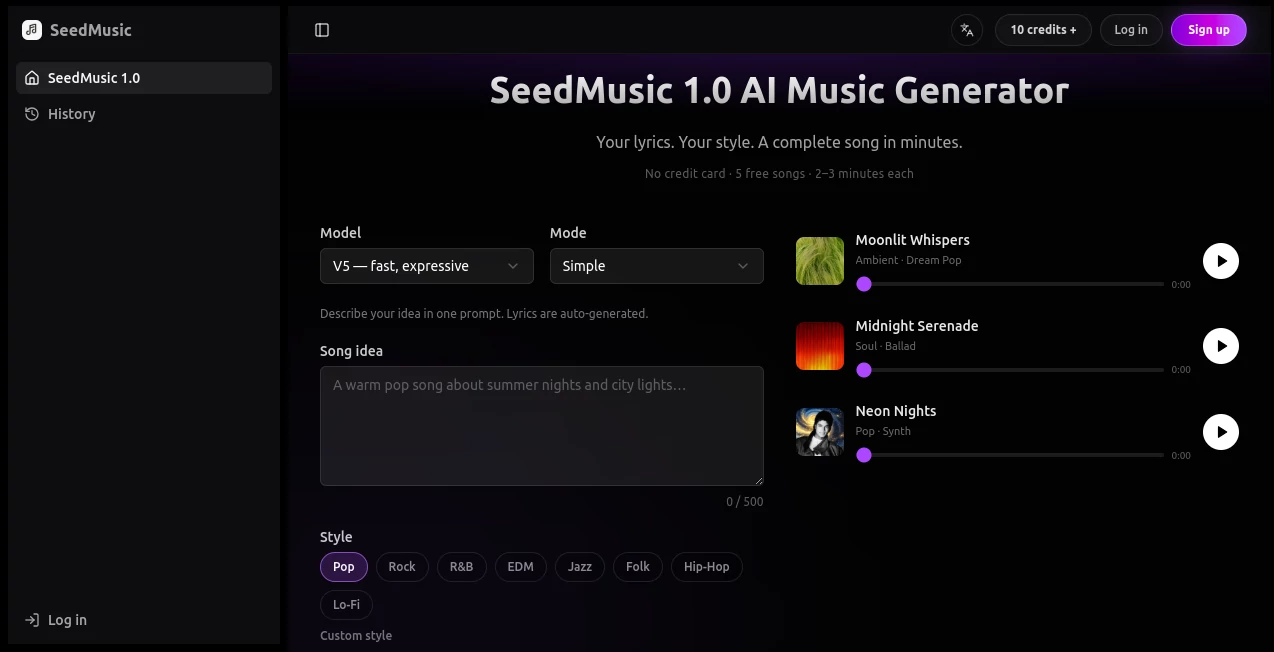 Screenshot of SeedMusic 1.0 – An AI tool in the ,AI Music Generator ,AI Voice & Audio Editing ,AI Voice Cloning ,AI Text to Music  category, showcasing its interface and key features.