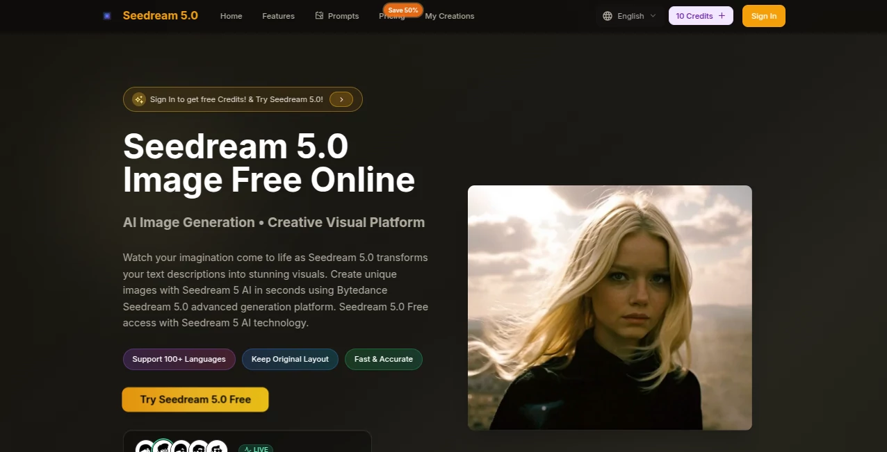 Screenshot of Seedream 5.0 – An AI tool in the ,AI Photo & Image Generator ,AI Design Generator ,AI Image to Image ,AI Text to Image  category, showcasing its interface and key features.