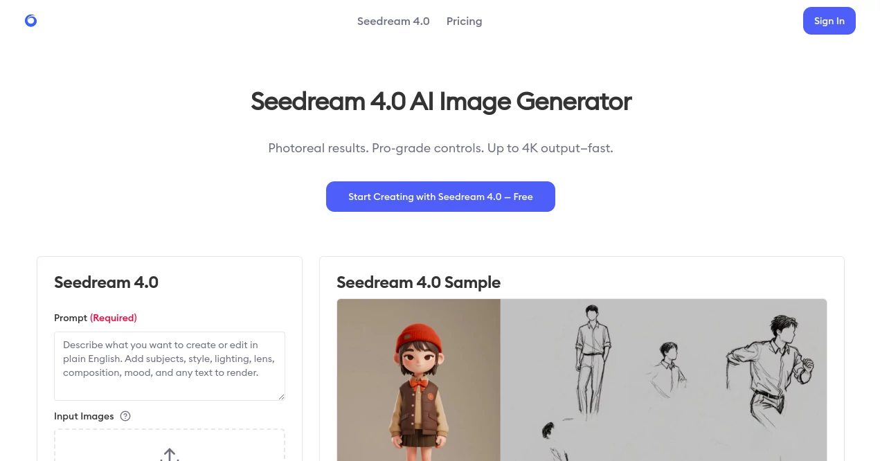 Screenshot of Seedream 4.0 – An AI tool in the ,AI Photo Enhancer ,Photo & Image Editor ,AI Art Generator ,AI Image to Image  category, showcasing its interface and key features.