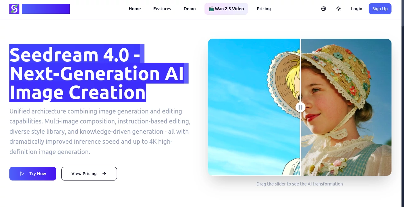 Screenshot of Seedream 4.0 – An AI tool in the ,AI Photo & Image Generator ,Photo & Image Editor ,AI Image to Image ,AI Art Generator  category, showcasing its interface and key features.