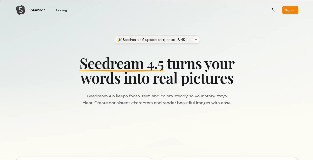 Screenshot of Seedream 4.5 – An AI tool in the ,AI Text to Image ,AI Photo & Image Generator ,AI Art Generator ,AI Design Generator  category, showcasing its interface and key features.