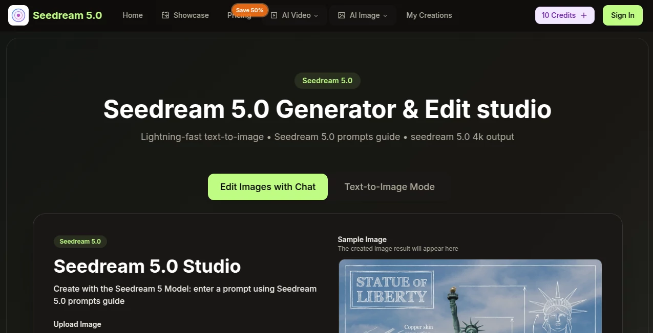 Screenshot of Seedream 5.0 – An AI tool in the ,AI Photo & Image Generator ,AI Art Generator ,AI Design Generator ,AI Text to Image  category, showcasing its interface and key features.