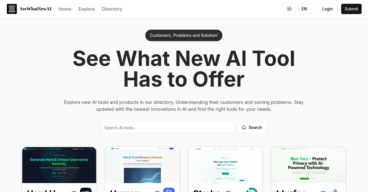 Screenshot of SeeWhatNewAI Directory – An AI tool in the ,AI Tools Directory  category, showcasing its interface and key features.