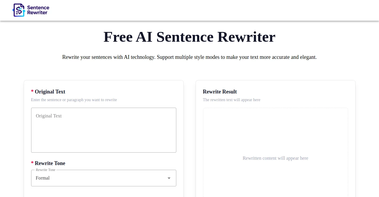 Screenshot of Sentence Rewriter – An AI tool in the ,AI Rewriter ,AI Summarizer ,AI General Writing ,AI Content Generator  category, showcasing its interface and key features.