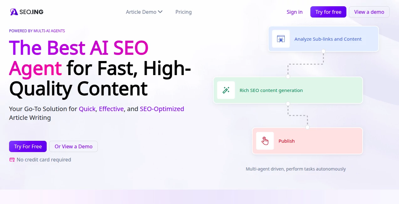 Screenshot of SEO.ING – An AI tool in the ,AI Blog Writer ,AI Writing Assistants ,AI Content Generator ,AI SEO Assistant  category, showcasing its interface and key features.