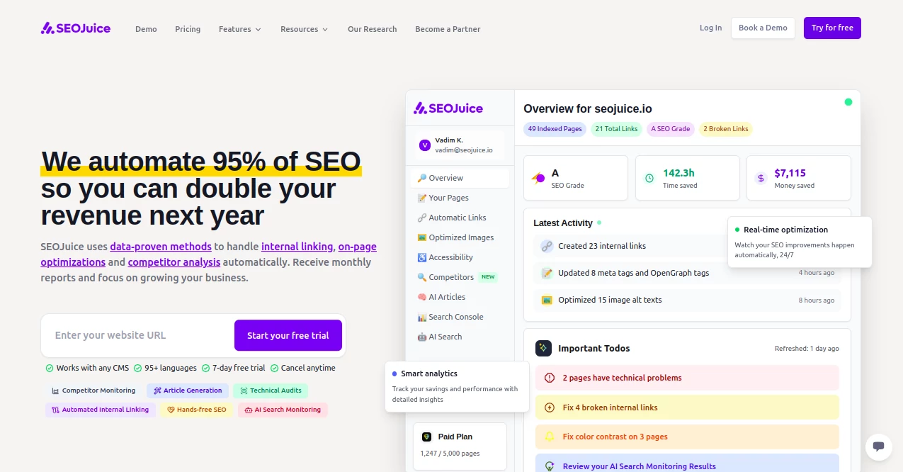 Screenshot of SEOJuice – An AI tool in the ,AI Content Generator ,AI Research Tool ,AI SEO Assistant ,AI Marketing Plan Generator  category, showcasing its interface and key features.