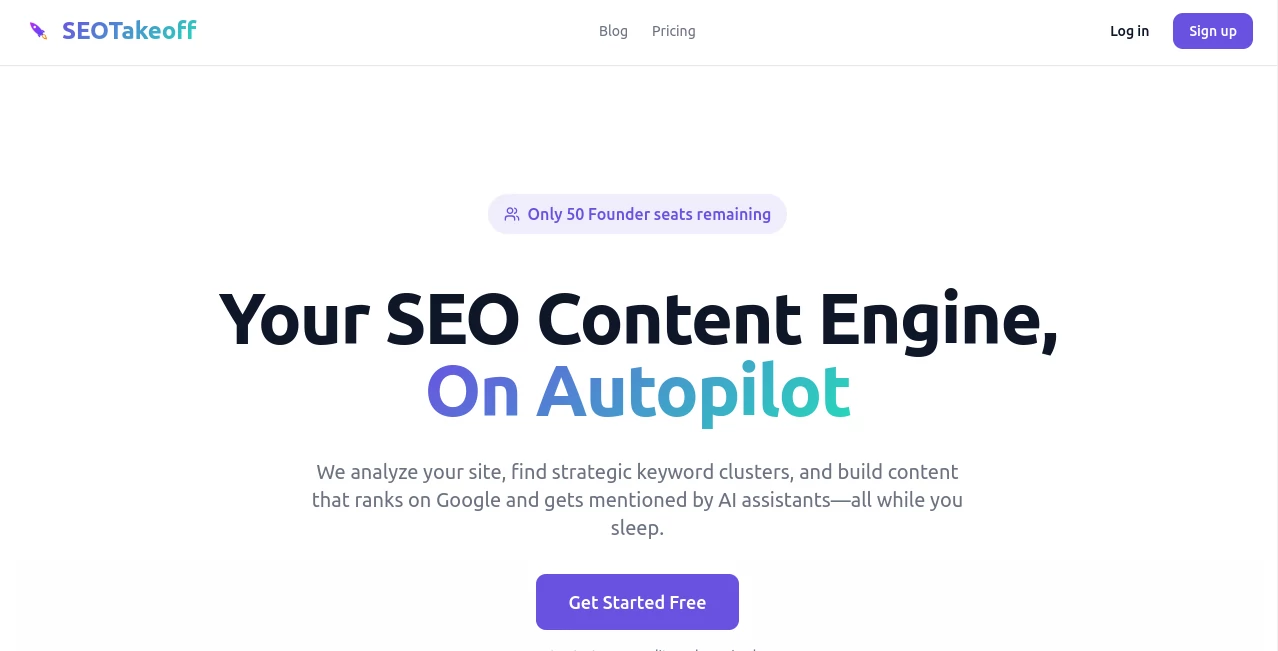 Screenshot of SEOTakeoff – An AI tool in the ,AI SEO Assistant ,AI Content Generator ,AI Marketing Plan Generator ,AI Writing Assistants  category, showcasing its interface and key features.