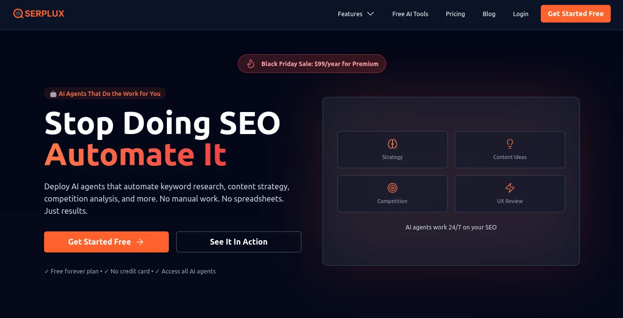 Screenshot of Serplux – An AI tool in the ,AI SEO Assistant ,AI Content Generator ,AI Research Tool ,AI Marketing Plan Generator  category, showcasing its interface and key features.